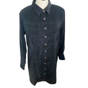 Avenue Long Sleeve Velvet Button Front Black Suede Midi Shirt Dress